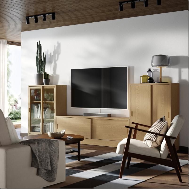 TONSTAD トンスタード テレビ/収納コンビネーション 引き戸付き - オーク材突き板/クリアガラス 342x37x120cm