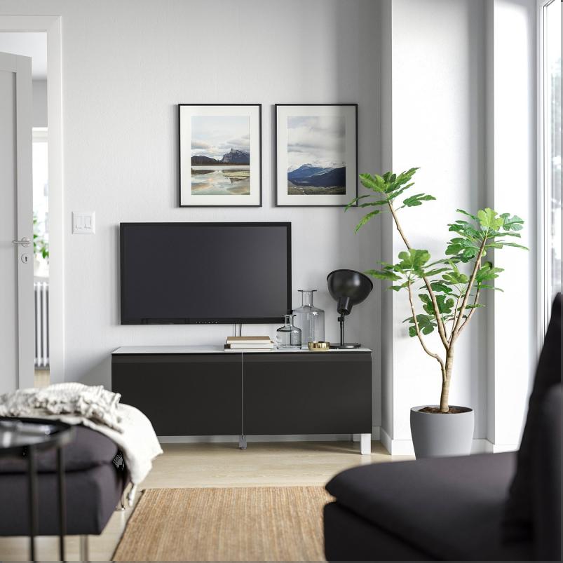 BESTA ベストー テレビ台 扉付き - ホワイト/ハッマルスメド/ストゥッバルプ チャコール 120x42x48cm
