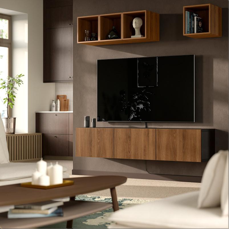 BESTA ベストー テレビ台 扉付き - ブラックブラウン/ラップヴィーケン ウォールナット調 180x42x38cm