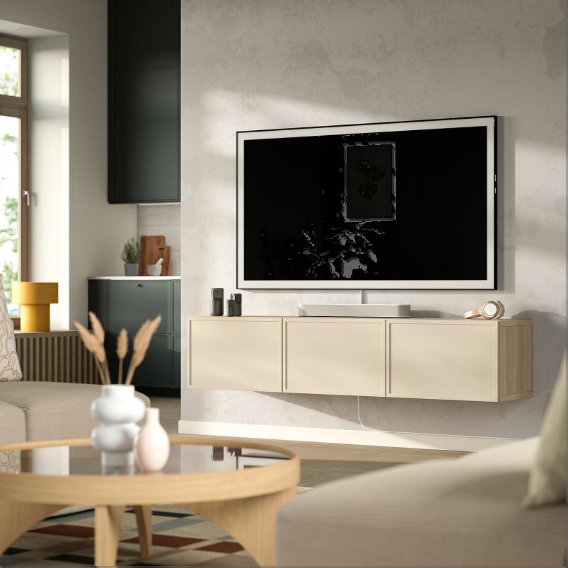 BESTA ベストー テレビ台 扉付き - ホワイトステインオーク調/クルークマカーレ ベージュ 180x42x38cm