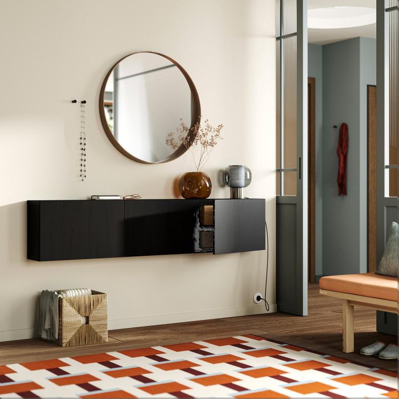 BESTA ベストー 壁取り付け式キャビネットコンビネーション - ブラックブラウン/ラップヴィーケン ブラックブラウン 180x22x38cm