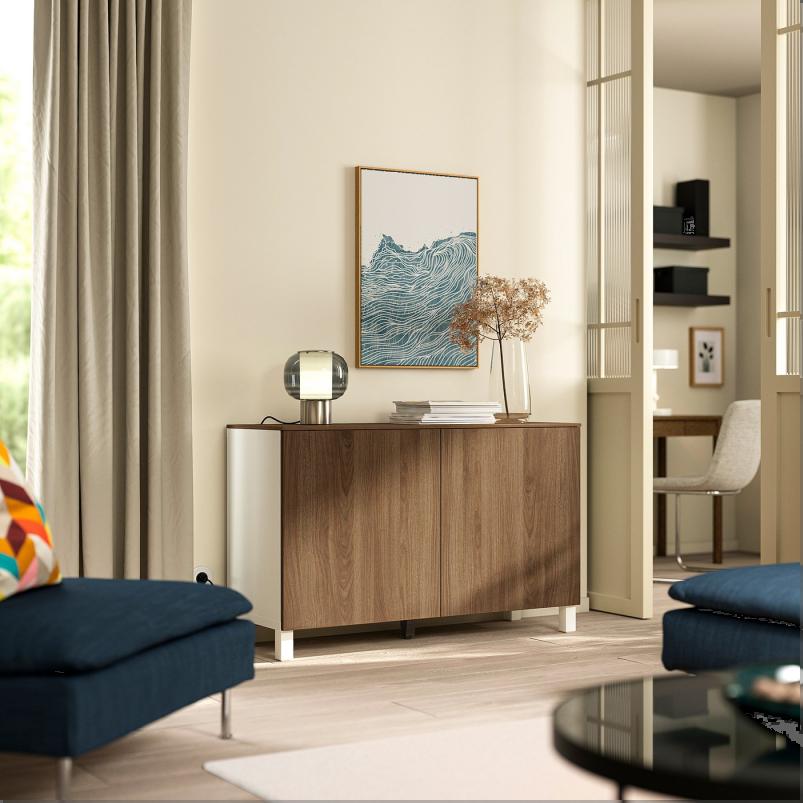 BESTA ベストー 収納コンビネーション 扉付 - ホワイト/ラップヴィーケン/ストゥッバルプ ウォールナット調 120x42x75cm