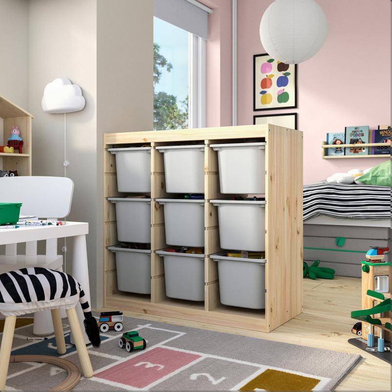 TROFAST トロファスト 収納コンビネーション - ルームディバイダ―/ライトホワイトステインパイン グレー 93x44x91cm