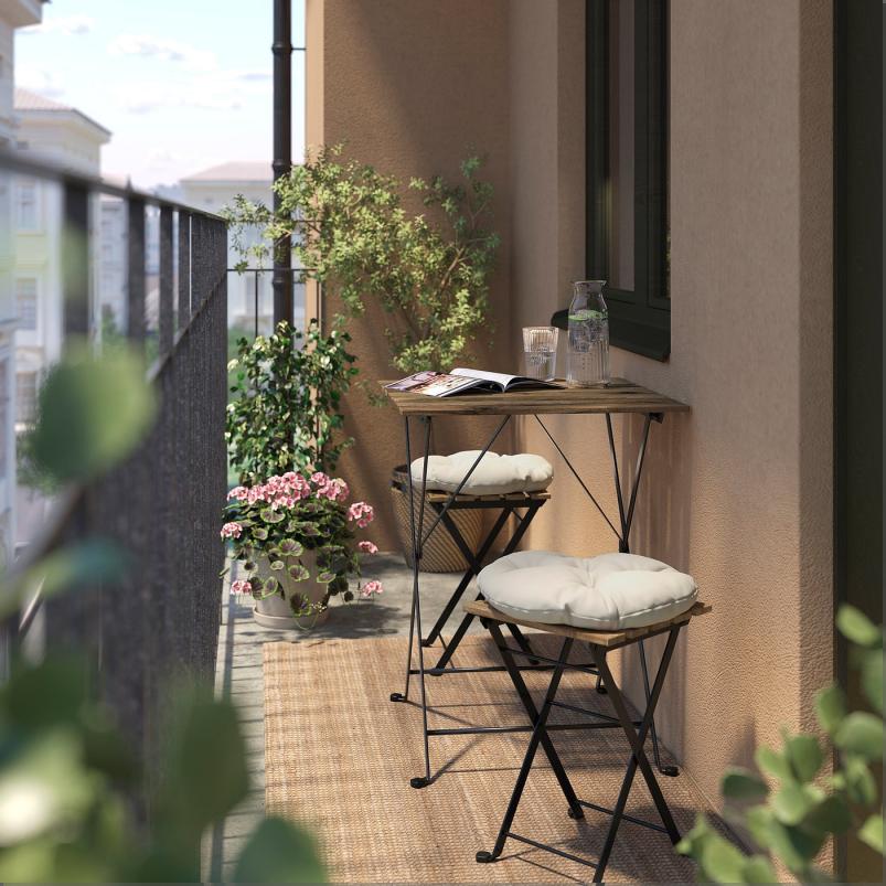 TARNO テルノー テーブル＆スツール2台 屋外用 - 折りたたみ式 ブラック/ライトブラウンステイン/折りたたみ式 クッダルナ ライトグレーベージュ 55x54cm