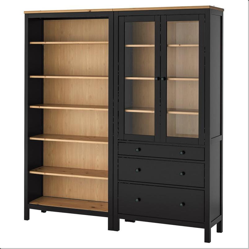 HEMNES ヘムネス 収納コンビネーション 扉/引き出し付き - ブラックブラウン/ライトブラウンステイン 180x197cm
