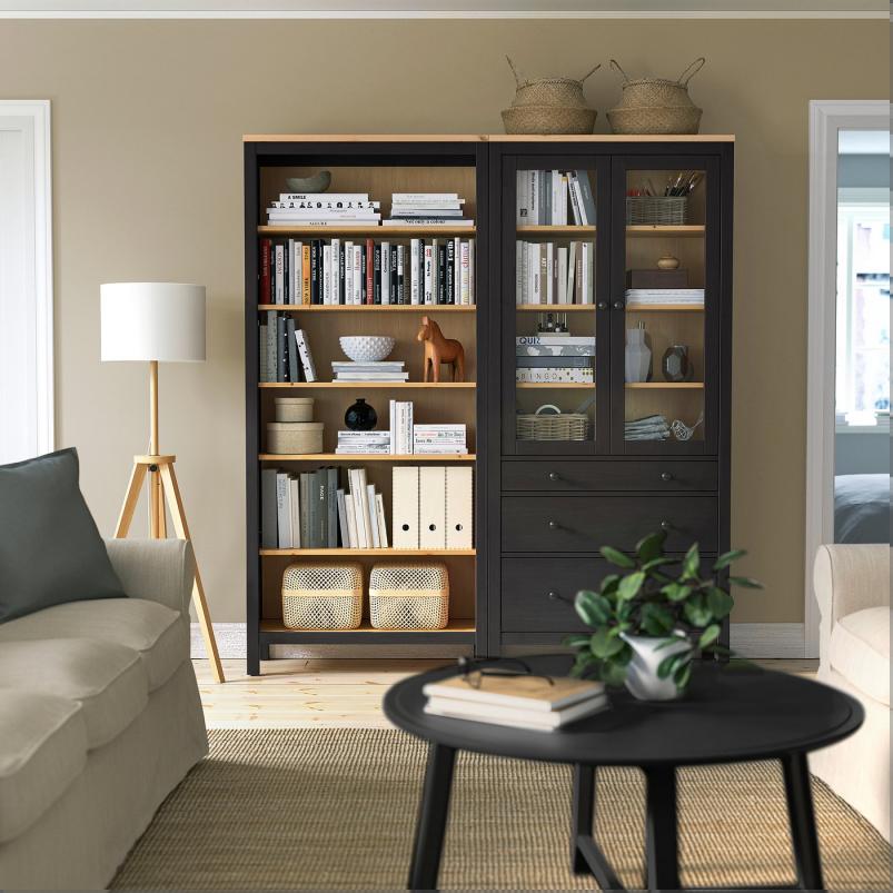HEMNES ヘムネス 収納コンビネーション 扉/引き出し付き - ブラックブラウン/ライトブラウンステイン 180x197cm