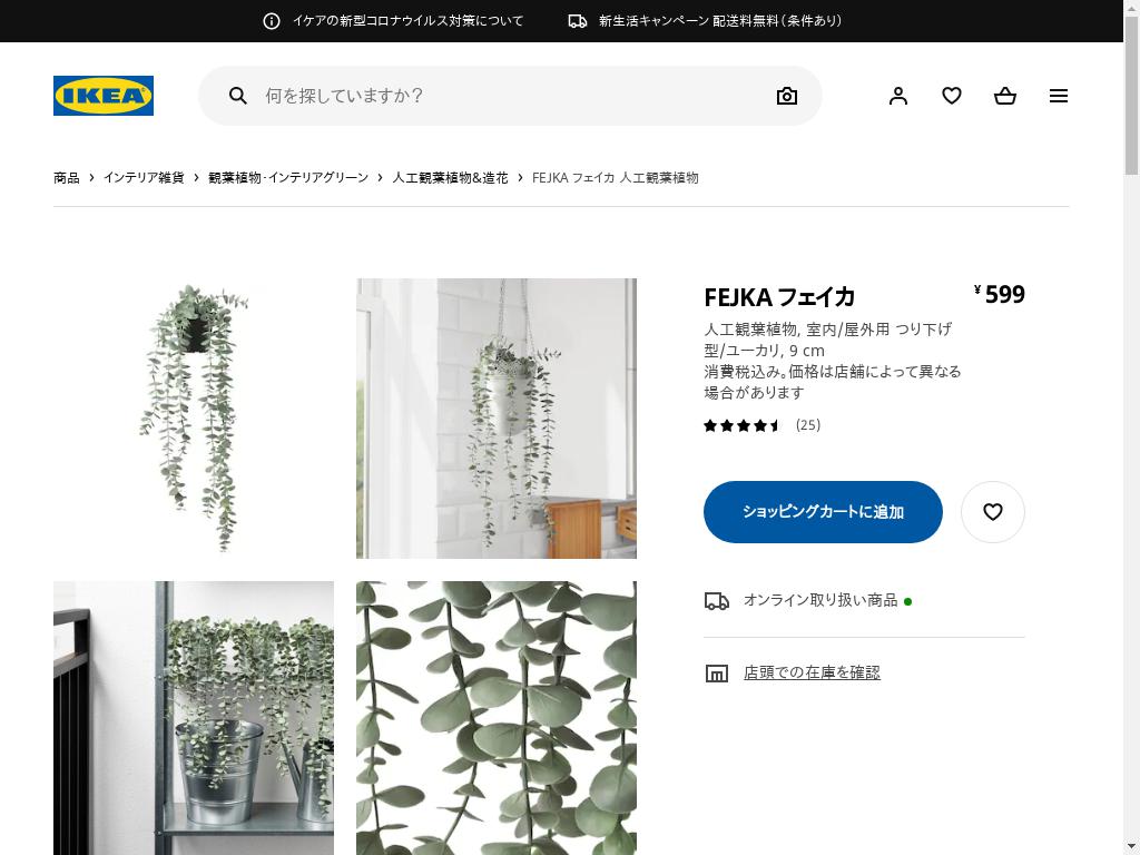 FEJKA フェイカ 人工観葉植物 - 室内/屋外用 つり下げ型/ユーカリ 9 CM