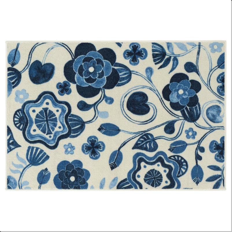 KANTLINJE カントリニエ ラグ パイル短 - ベージュ ブルー/フローラルパターン 60x90cm