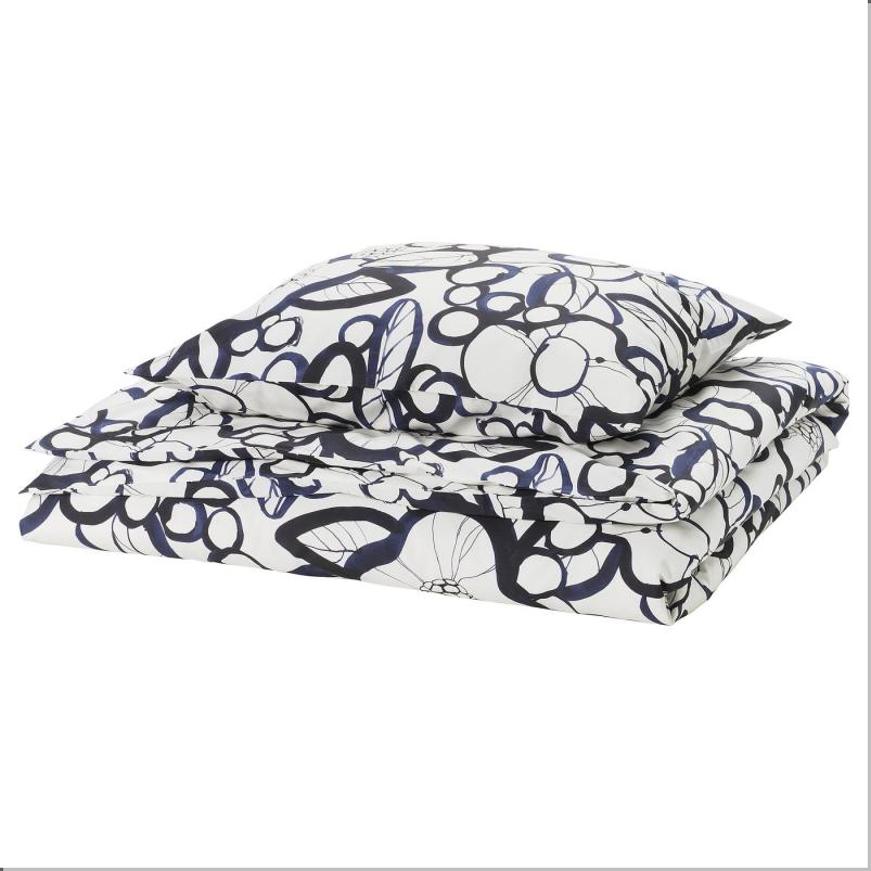 HARLIR ヘールリル 掛け布団カバー＆枕カバー - ホワイト ブラック/ブルー フローラルパターン 150x200/50x60cm