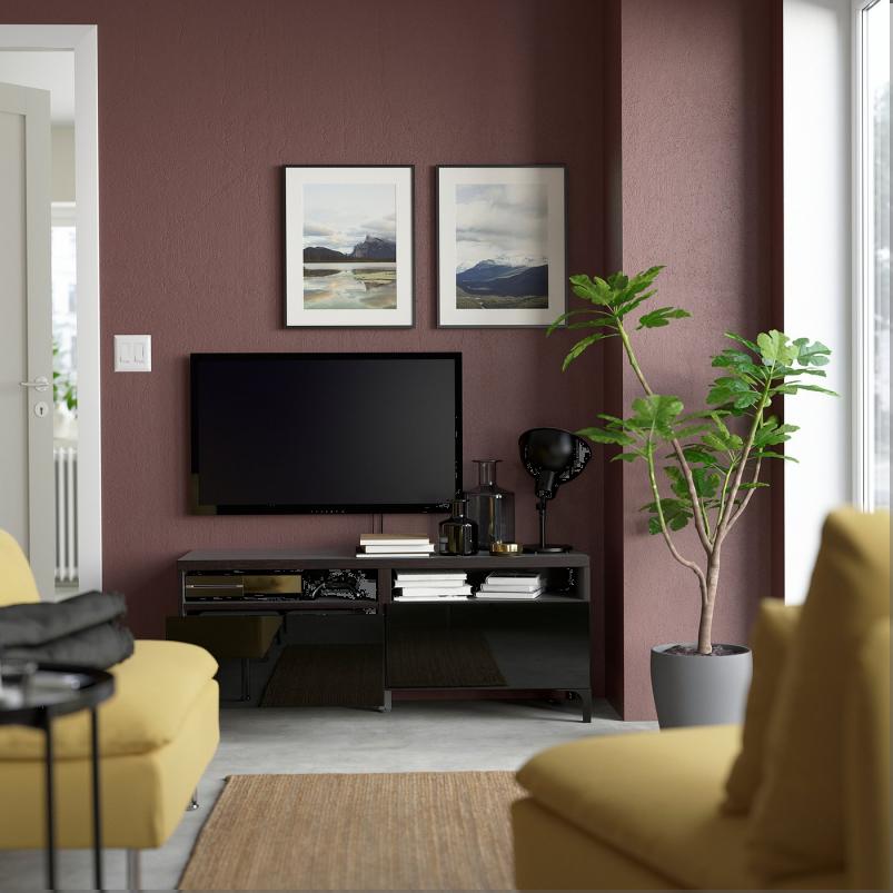 BESTA ベストー テレビ台 引き出し付き - ブラックブラウン/セルスヴィーケン ハイグロス/ブラック 120x42x48cm