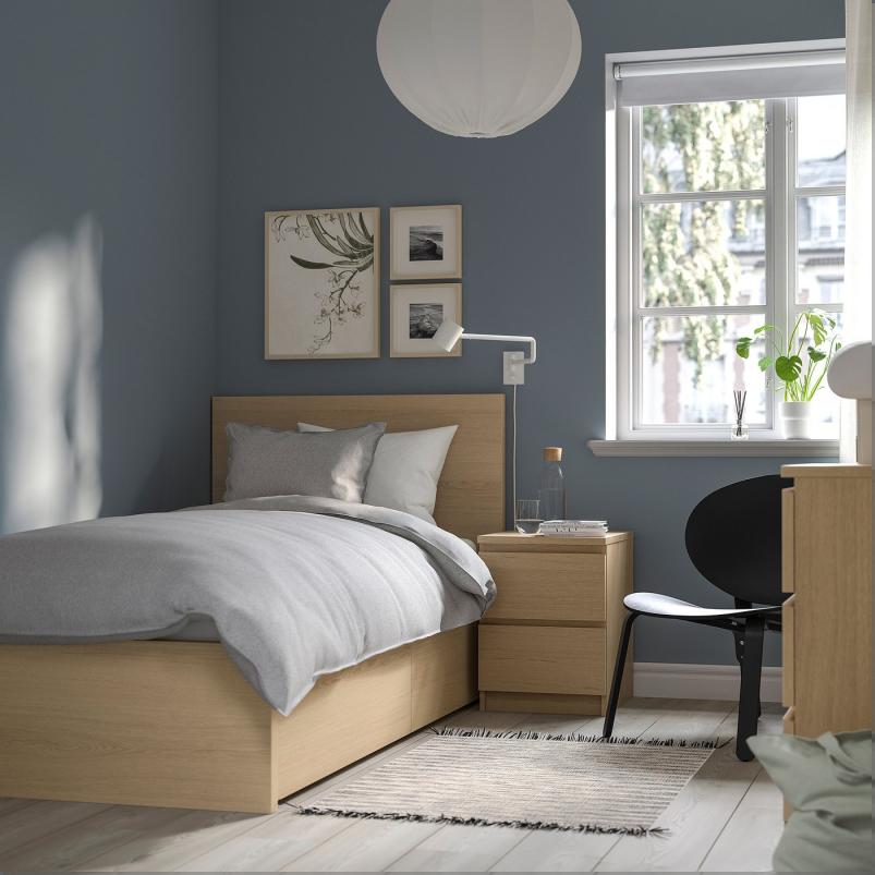 MALM マルム ベッドフレーム 収納ボックス2個付き - ホワイトステインオーク材突き板 90x200cm