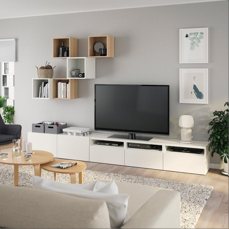 BESTA ベストー / EKET エーケト キャビネットコンビネーション テレビ用 - ホワイト/ホワイトステインオーク調 300x42x210cm