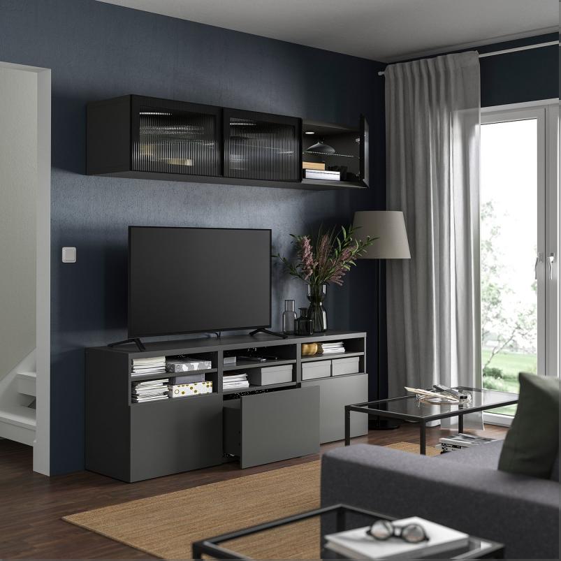 BESTA ベストー テレビボード/ガラス扉 - ダークグレー ラップヴィーケン/フェルスヴィーク チャコール 180x42x192cm