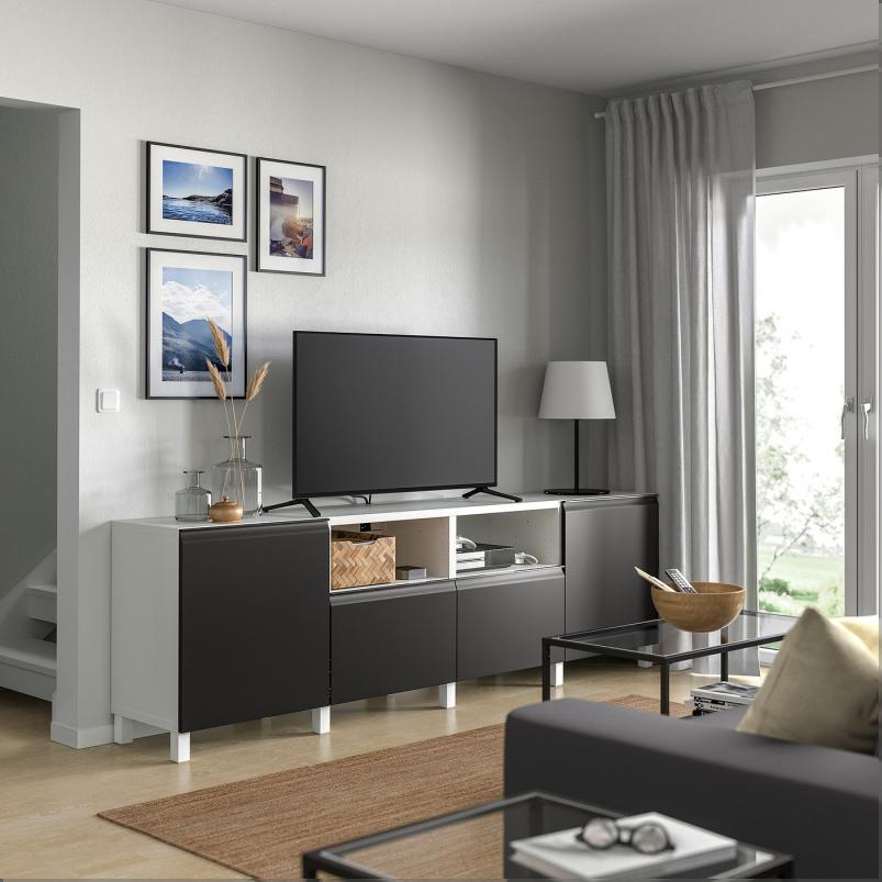 BESTA ベストー テレビ台 扉&引き出し付き - ホワイト/ハッマルスメド/ストゥッバルプ チャコール 240x42x74cm