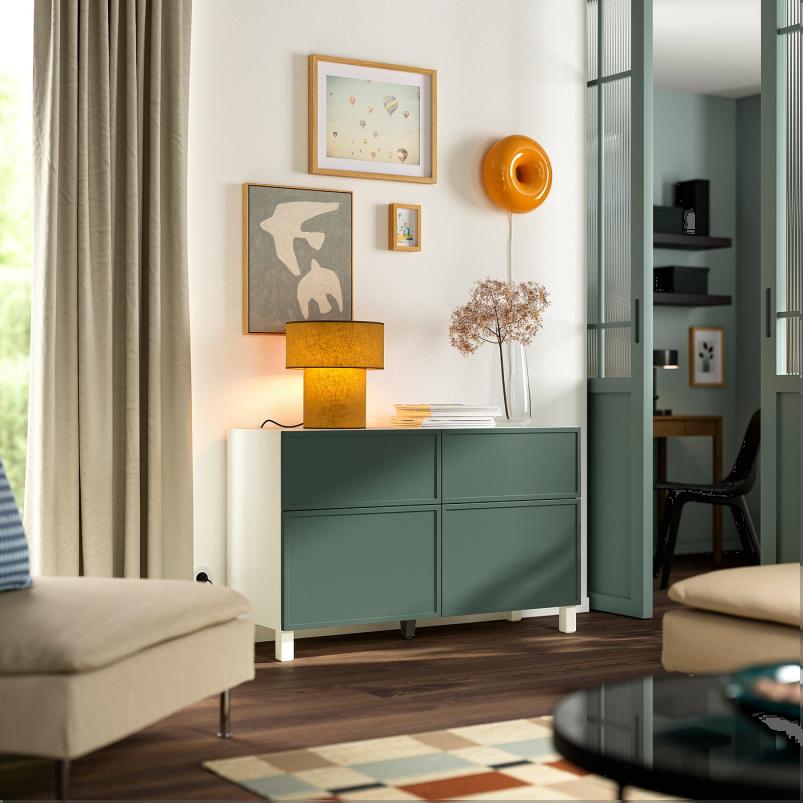 BESTA ベストー 収納コンビネーション 扉/引き出し付き - クルークマカーレ ダークグレーグリーン/ストゥッバルプ ホワイト 120x42x74cm