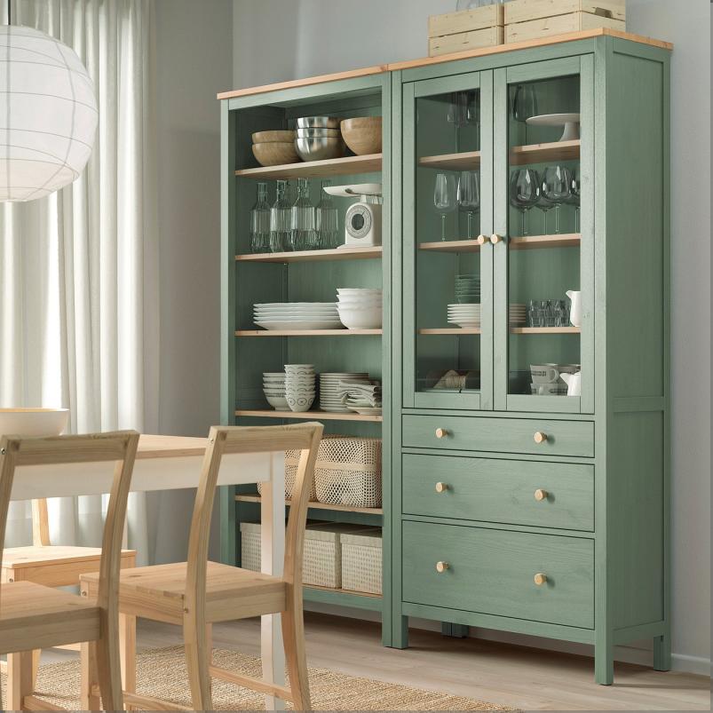 HEMNES ヘムネス 収納コンビネーション 扉/引き出し付き - グレーグリーン/ライトブラウンステイン 180x197cm