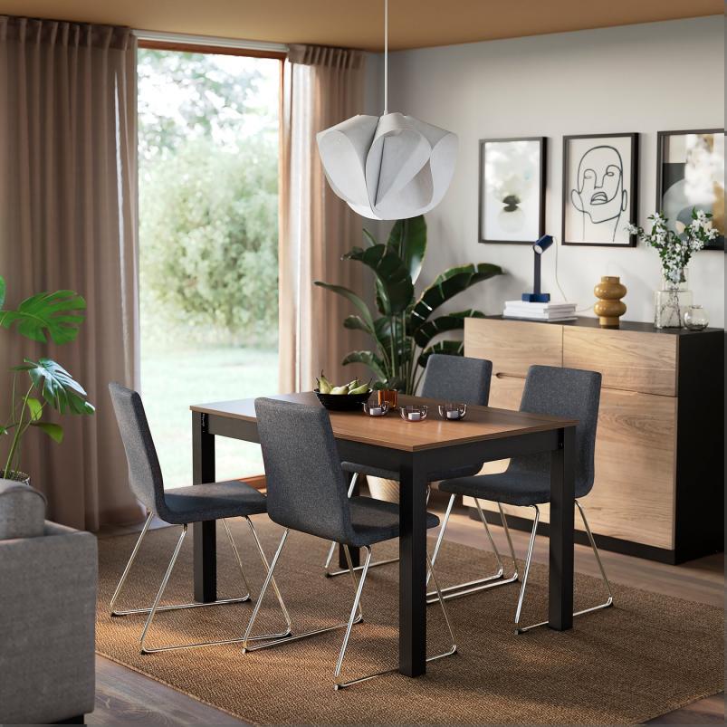 ALHULT オールフルト / LILLANAS リルローネス テーブル＆チェア4脚 - ブラック/ブラウン/グンナレド ダークグレー クロムメッキ 120x80cm