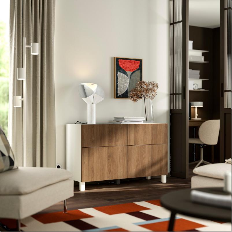 BESTA ベストー 収納コンビネーション 扉/引き出し付き - ホワイト/ラップヴィーケン/ストゥッバルプ ウォールナット調 120x42x74cm