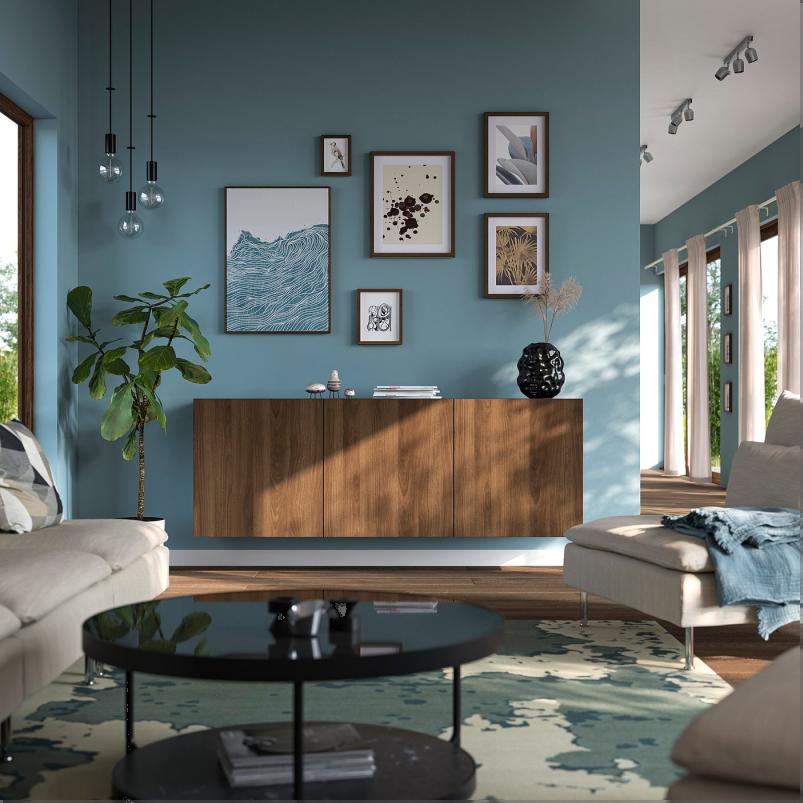 BESTA ベストー 壁取り付け式キャビネットコンビネーション - ブラックブラウン/ラップヴィーケン ウォールナット調 180x42x64cm