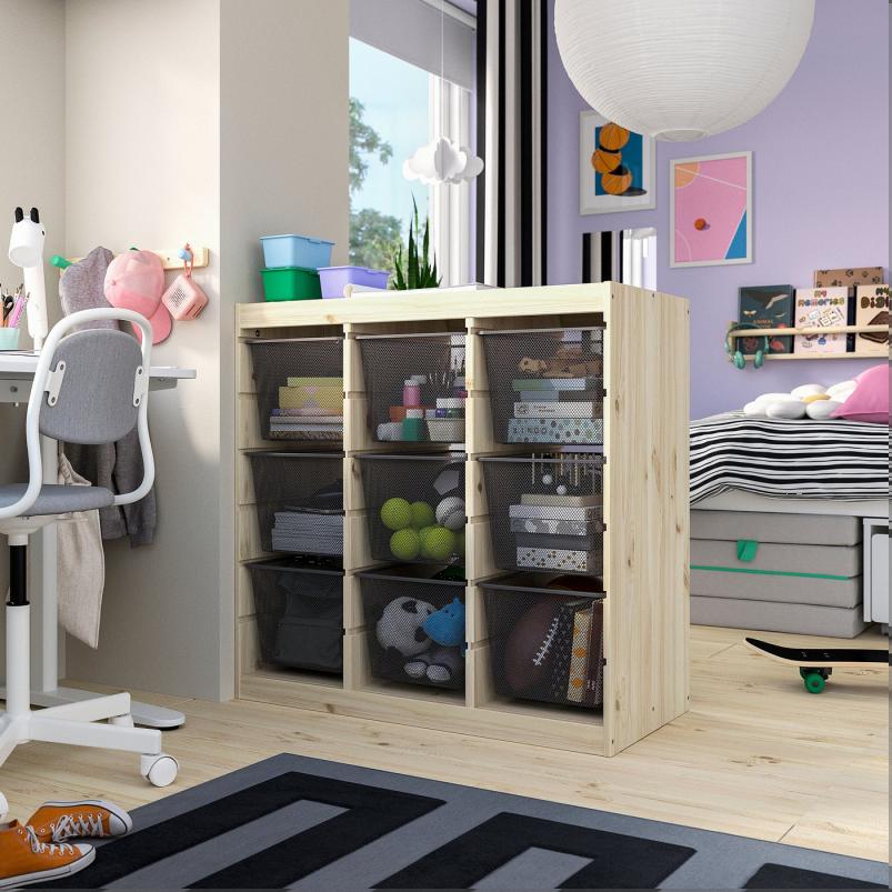 TROFAST トロファスト 収納コンビネーション - ルームディバイダ―/ライトホワイトステインパイン ダークグレー 93x44x91cm