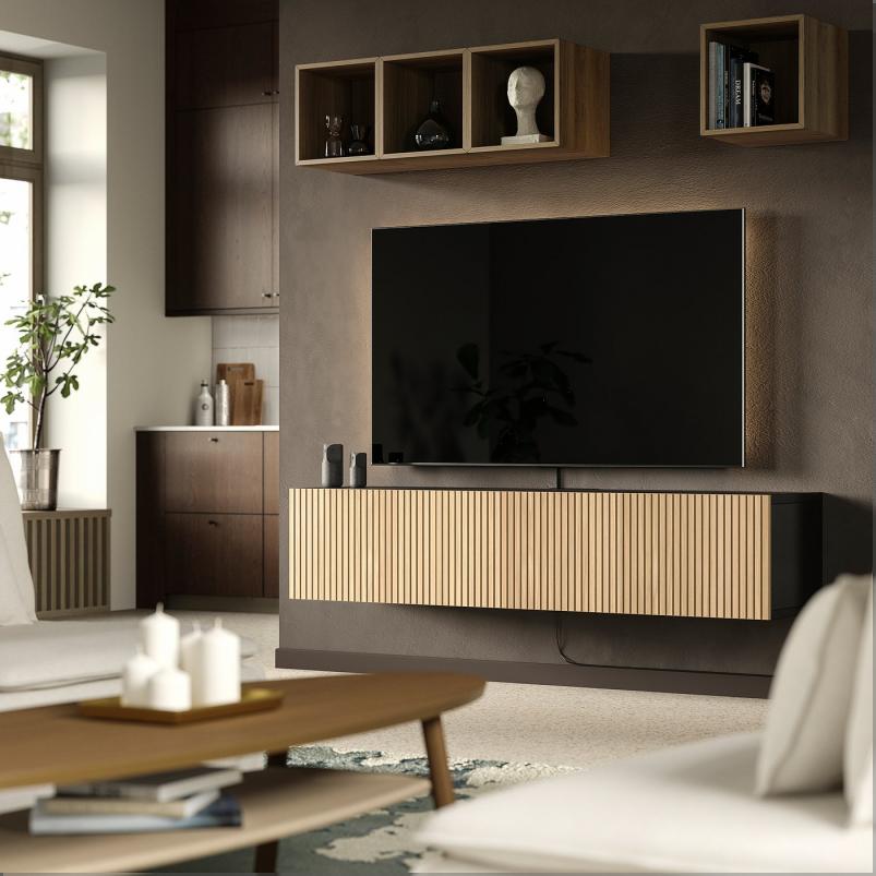 BESTA ベストー テレビ台 扉付き - ブラックブラウン ビョルケヴィーケン/オーク材突き板 180x42x38cm
